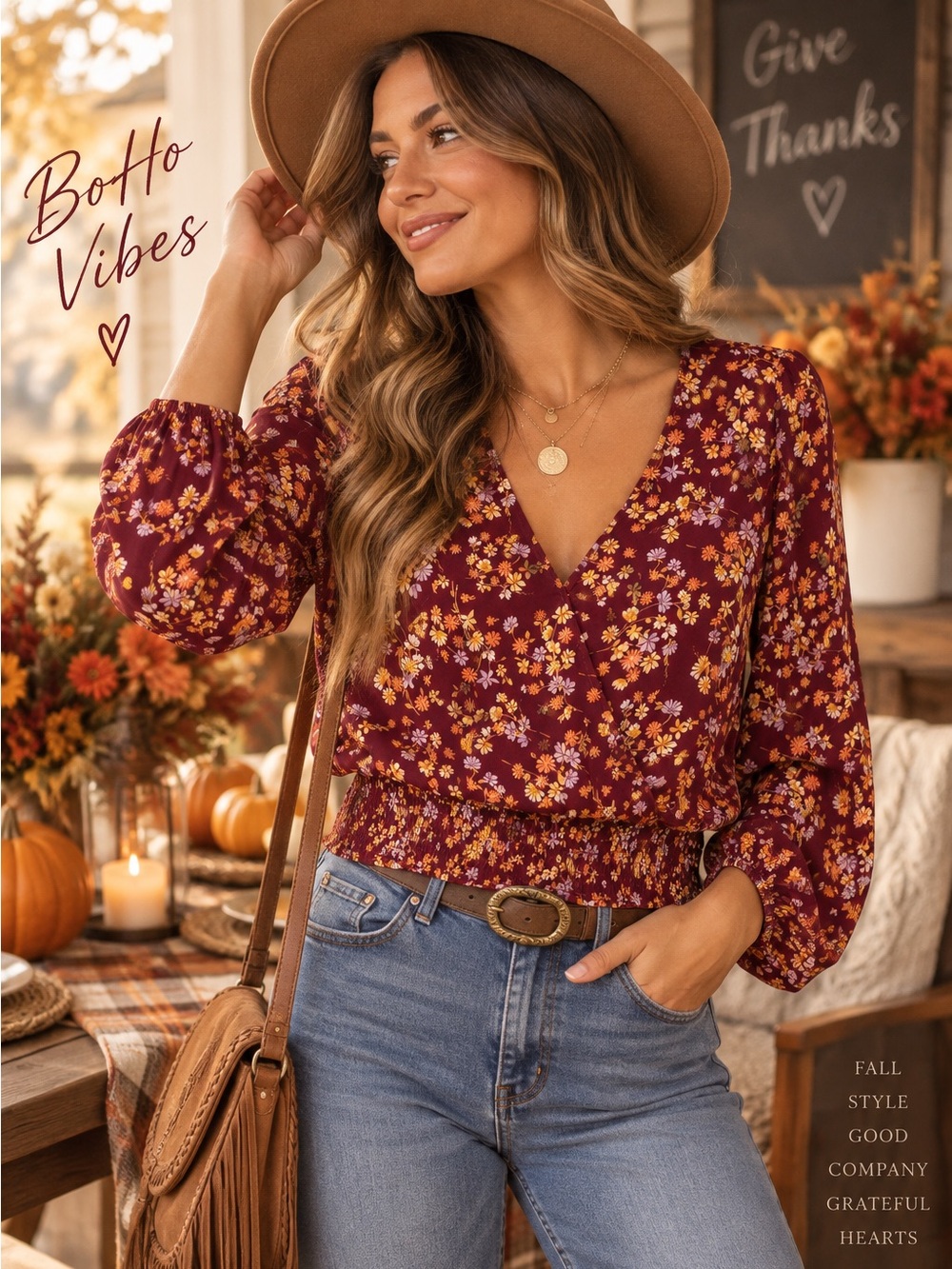 Pink Rose Burgundy Floral Long Sleeve Blouse Size Large Boho Fall Top